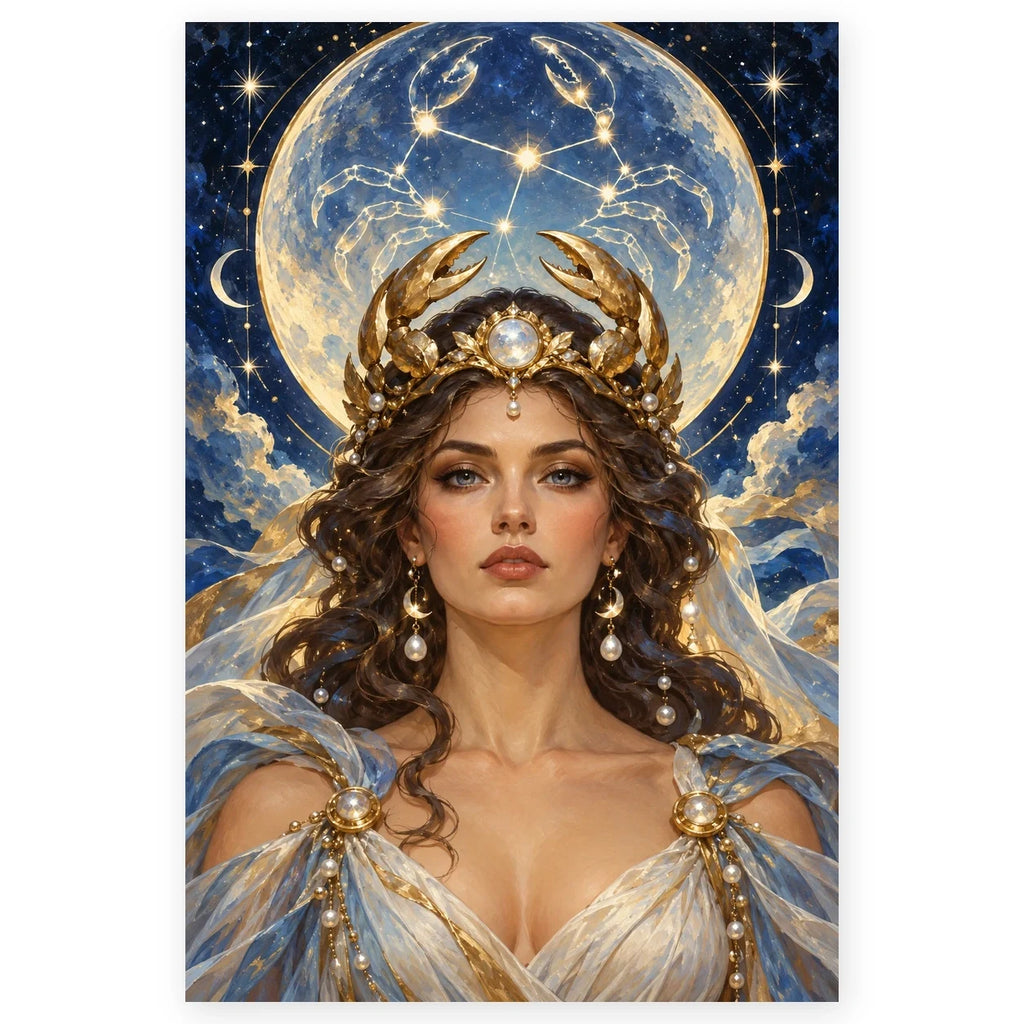 Cancer moon goddess with dark wavy hair, a gold crab-claw crown, a glowing moon, and a starry Cancer constellation on a white square canvas with a soft shadow.