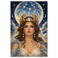 Cancer moon goddess with dark wavy hair, a gold crab-claw crown, a glowing moon, and a starry Cancer constellation on a white square canvas with a soft shadow.