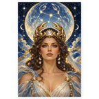 Cancer moon goddess with dark wavy hair, a gold crab-claw crown, a glowing moon, and a starry Cancer constellation on a white square canvas with a soft shadow.
