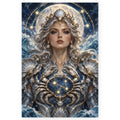 Cancer moon goddess with silver-white hair, a pearl and shell crown, crab-shell armor, and a glowing moon on a white square canvas with a soft shadow.