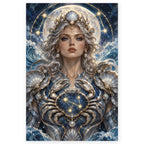 Cancer moon goddess with silver-white hair, a pearl and shell crown, crab-shell armor, and a glowing moon on a white square canvas with a soft shadow.