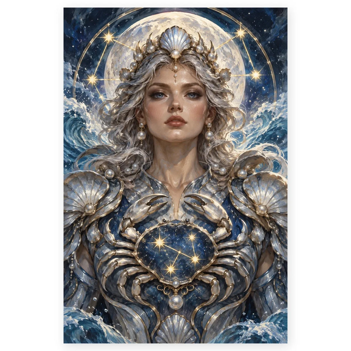 Cancer moon goddess with silver-white hair, a pearl and shell crown, crab-shell armor, and a glowing moon on a white square canvas with a soft shadow.