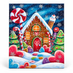 Candyland Gingerbread Christmas paint by numbers artwork on a front-facing canvas against a white background