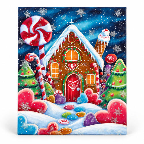 Candyland Gingerbread Christmas paint by numbers artwork on a front-facing canvas against a white background