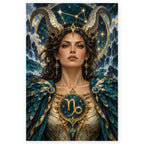 A dark-haired Capricorn woman with ornate golden ram horns and turquoise armor before icy mountains and a starry zodiac sky. Full original portrait artwork on a clean white background with a subtle soft shadow and proportions preserved.