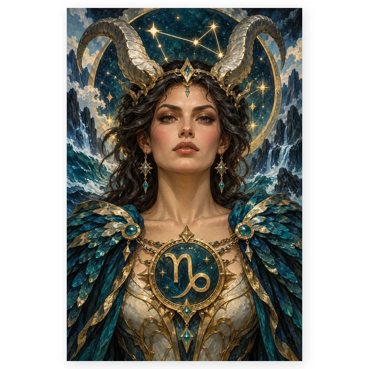 A dark-haired Capricorn woman with ornate golden ram horns and turquoise armor before icy mountains and a starry zodiac sky. Full original portrait artwork on a clean white background with a subtle soft shadow and proportions preserved.