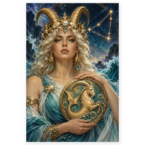 A blonde Capricorn woman in pale blue and gold holding an ornate medallion with a golden sea-goat emblem against a starry sky. Full original portrait artwork on a clean white background with a subtle soft shadow and proportions preserved.