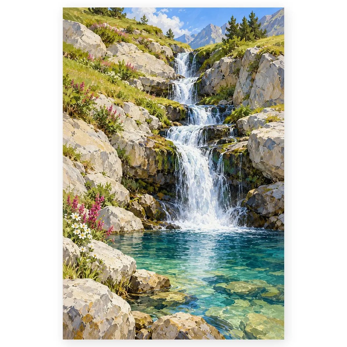 Full cascading meadow waterfall paint by numbers artwork on a clean white background.