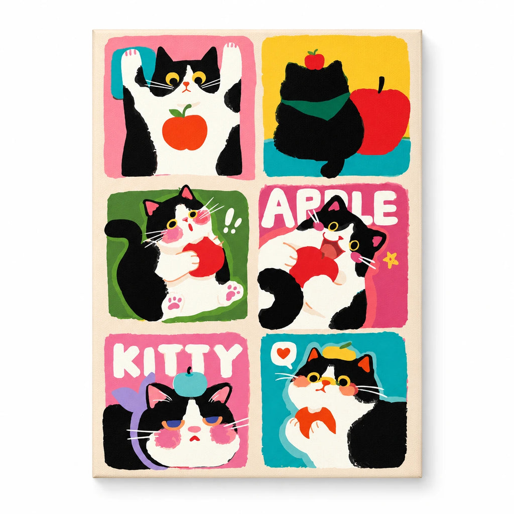 Cat and Apple Pop Art Collage paint by numbers artwork on a front-facing canvas against a white background