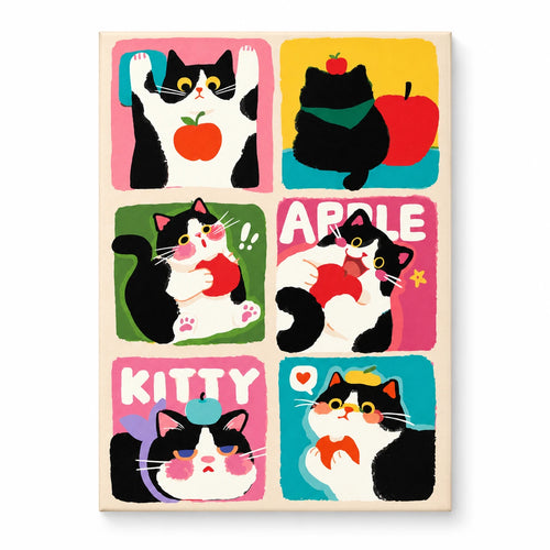 Cat and Apple Pop Art Collage paint by numbers artwork on a front-facing canvas against a white background