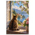 Cat Open Window Lake View paint by numbers artwork on a front-facing canvas against a white background