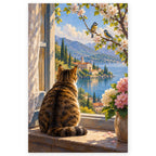 Cat Open Window Lake View paint by numbers artwork on a front-facing canvas against a white background