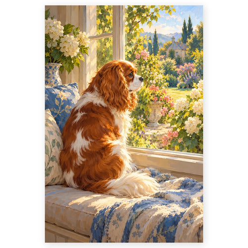 Cavalier Window Seat Garden paint by numbers artwork on a front-facing canvas against a white background