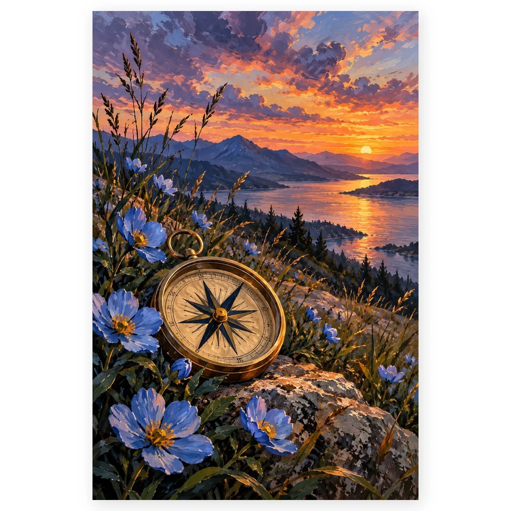 Full Celestial Compass Wildflowers paint by numbers artwork on a clean white square, complete design shown at its original proportions with a subtle soft shadow.