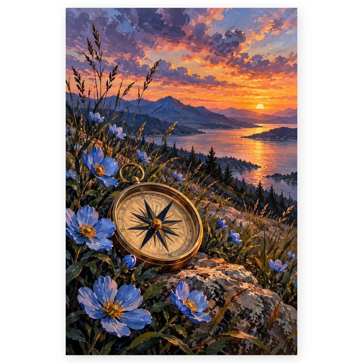 Full Celestial Compass Wildflowers paint by numbers artwork on a clean white square, complete design shown at its original proportions with a subtle soft shadow.