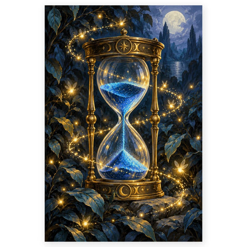 An ornate golden hourglass holds blue stardust beneath a full moon as glowing fireflies circle it in a dark garden. Full original portrait artwork on a clean white background with a subtle soft shadow and original proportions preserved.