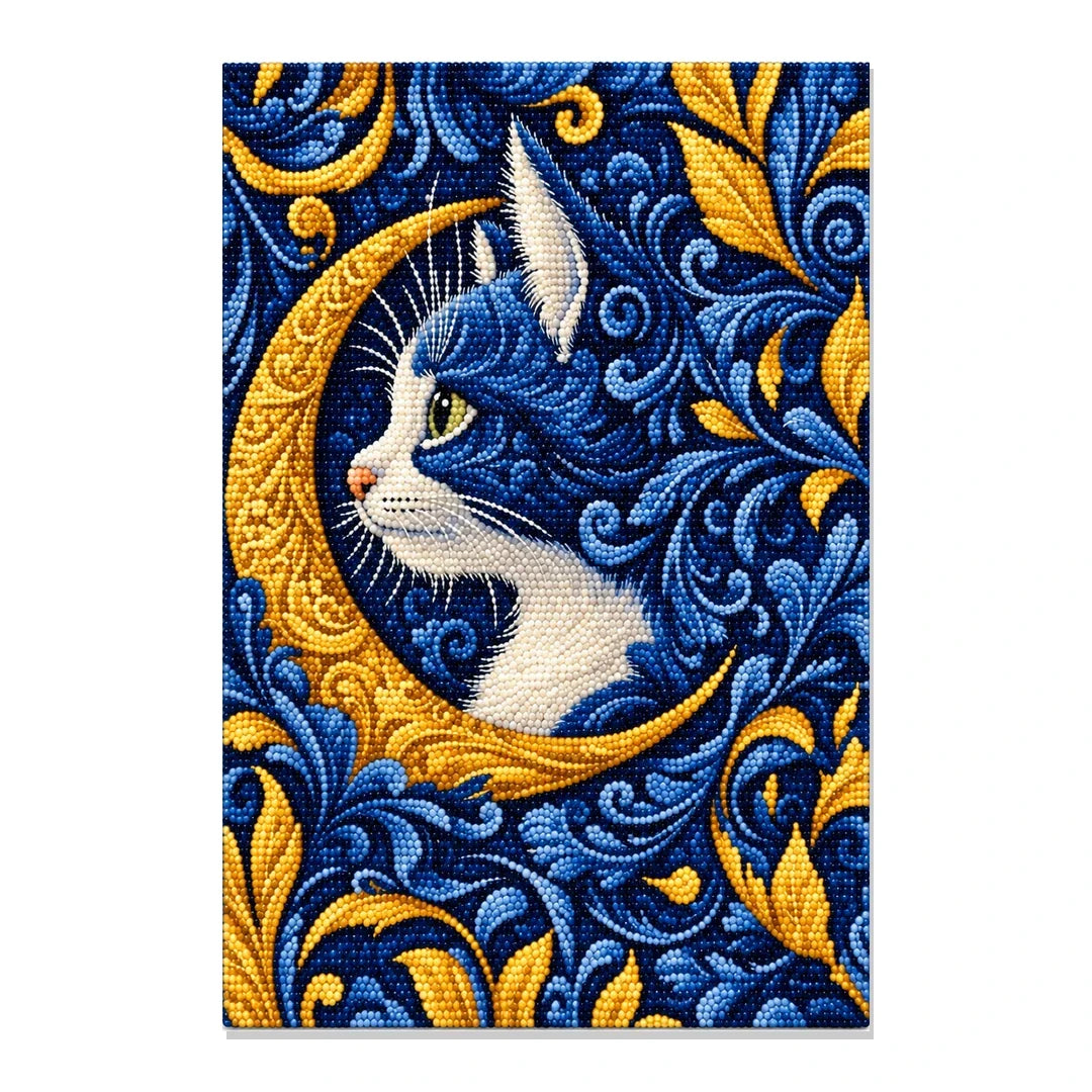 Completed Celestial Moon Cat 20 × 30 cm diamond painting on white