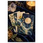 Four celestial tarot cards with sun, moon, and ocean imagery rest on dark velvet beside a clear crystal and a glowing candle. Full original portrait artwork on a clean white background with a subtle soft shadow and original proportions preserved.