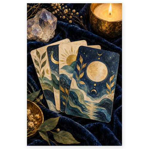 Four celestial tarot cards with sun, moon, and ocean imagery rest on dark velvet beside a clear crystal and a glowing candle. Full original portrait artwork on a clean white background with a subtle soft shadow and original proportions preserved.