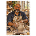 A smiling Black ceramic artist shapes a tall clay vessel on a pottery wheel in a sunlit studio lined with handmade pieces. Full original portrait artwork on a clean white background with a subtle soft shadow and original proportions preserved.