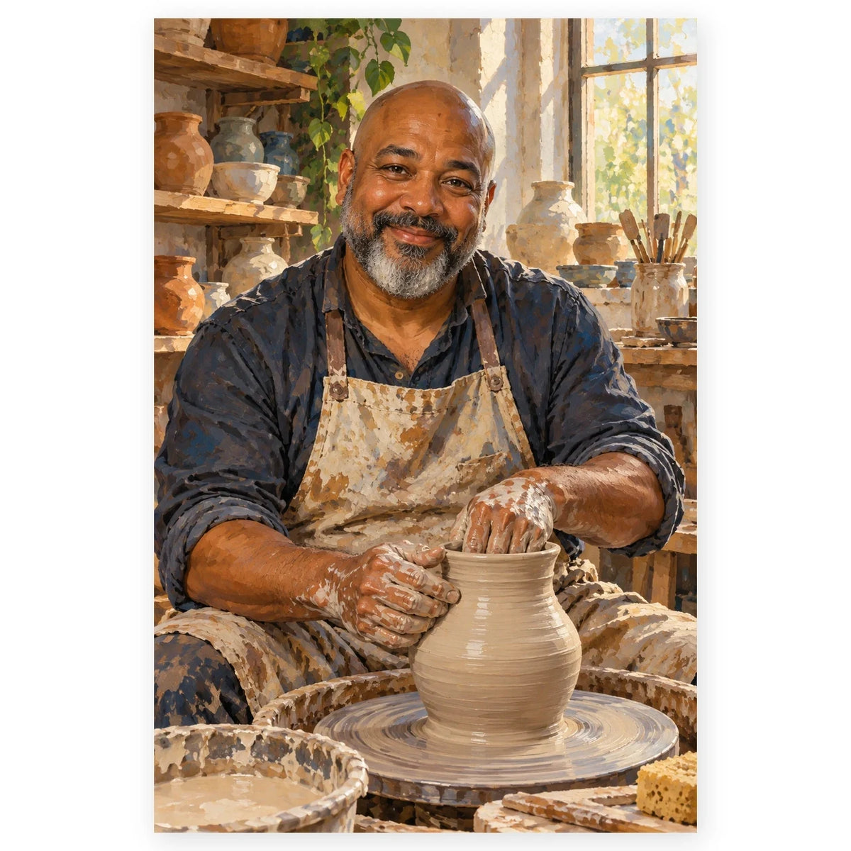 A smiling Black ceramic artist shapes a tall clay vessel on a pottery wheel in a sunlit studio lined with handmade pieces. Full original portrait artwork on a clean white background with a subtle soft shadow and original proportions preserved.
