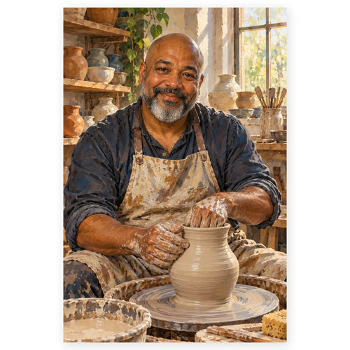 A smiling Black ceramic artist shapes a tall clay vessel on a pottery wheel in a sunlit studio lined with handmade pieces. Full original portrait artwork on a clean white background with a subtle soft shadow and original proportions preserved.