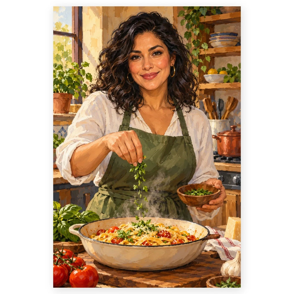 A smiling woman chef adds fresh herbs to a large bowl of tomato pasta in a bright rustic kitchen. Full original portrait artwork on a clean white background with a subtle soft shadow and original proportions preserved.