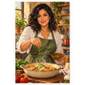 A smiling woman chef adds fresh herbs to a large bowl of tomato pasta in a bright rustic kitchen. Full original portrait artwork on a clean white background with a subtle soft shadow and original proportions preserved.