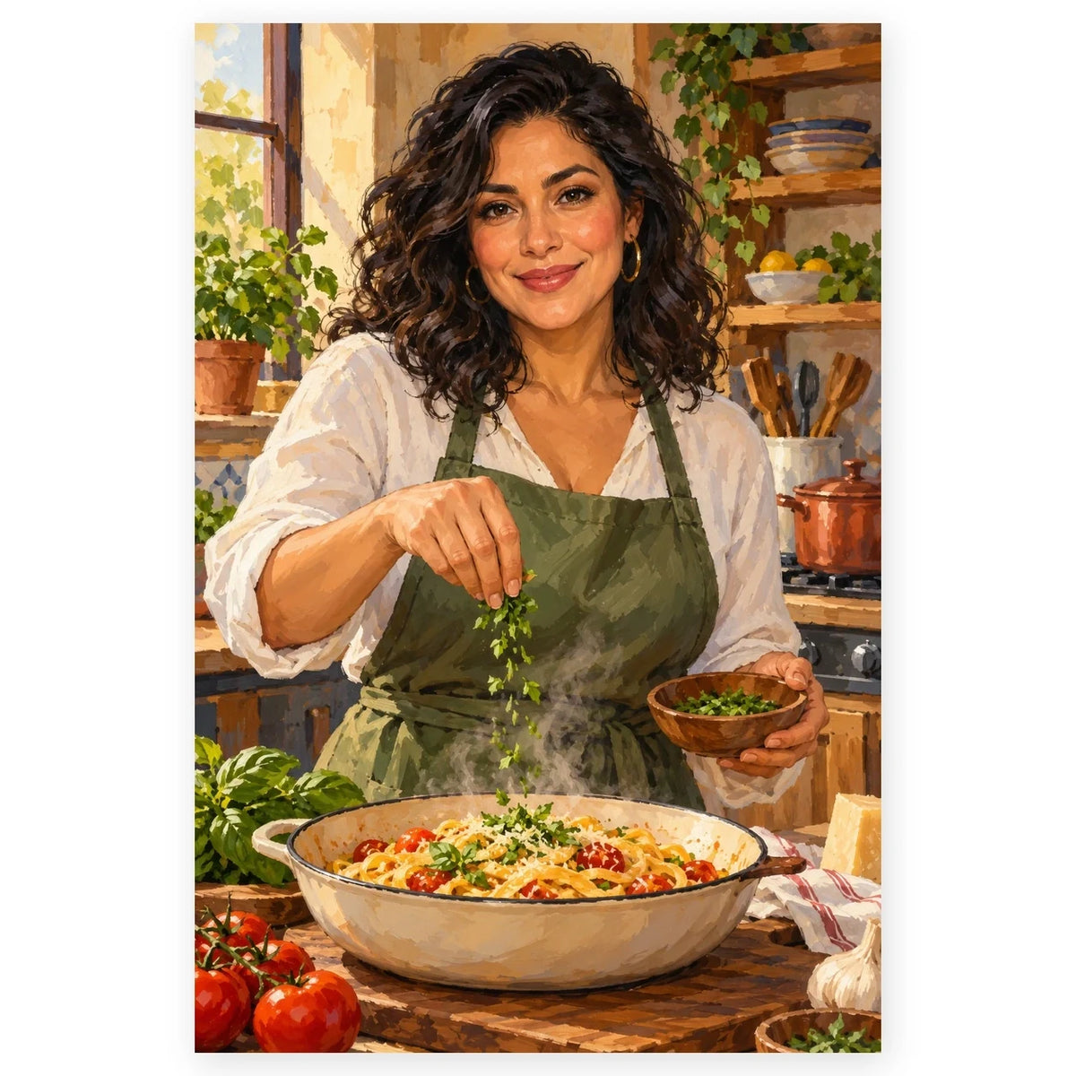 A smiling woman chef adds fresh herbs to a large bowl of tomato pasta in a bright rustic kitchen. Full original portrait artwork on a clean white background with a subtle soft shadow and original proportions preserved.