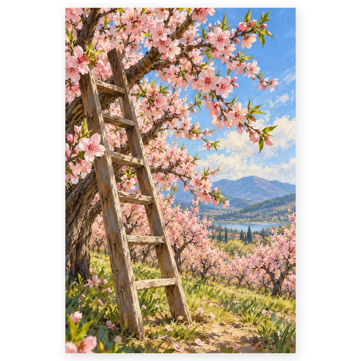 Cherry Blossom Ladder Orchard paint by numbers artwork on a front-facing canvas against a white background.