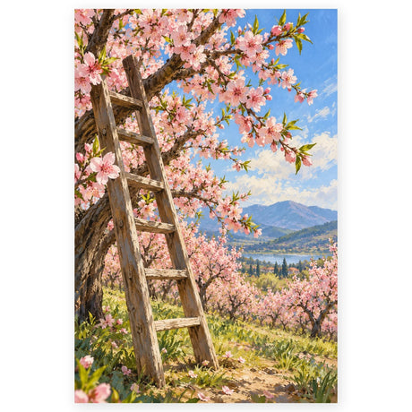 Cherry Blossom Ladder Orchard paint by numbers artwork on a front-facing canvas against a white background.