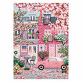 Completed cherry blossom street artwork on white, diamond painting kit