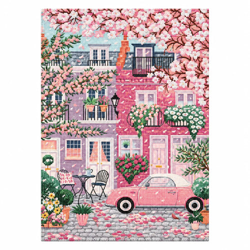 Completed cherry blossom street artwork on white, diamond painting kit