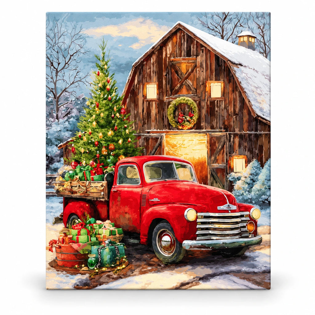 Christmas Delivery Red Truck at the Barn paint by numbers artwork on a front-facing canvas against a white background
