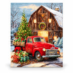 Christmas Delivery Red Truck at the Barn paint by numbers artwork on a front-facing canvas against a white background