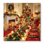 Christmas Dining Table with Red Runner and Candlelight paint by numbers artwork on a front-facing canvas against a white background