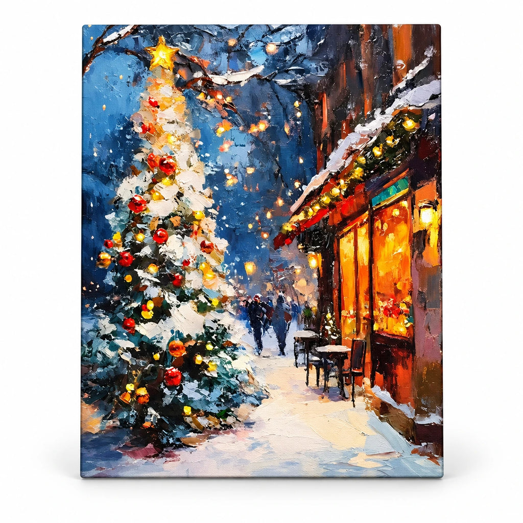 Christmas Glow on a Snowy Street paint by numbers artwork on a front-facing canvas against a white background