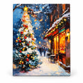 Christmas Glow on a Snowy Street paint by numbers artwork on a front-facing canvas against a white background