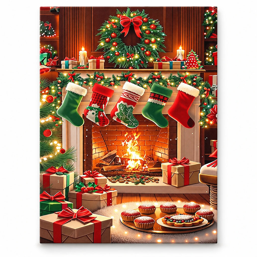 Christmas Hearth Gathering paint by numbers artwork on a front-facing canvas against a white background