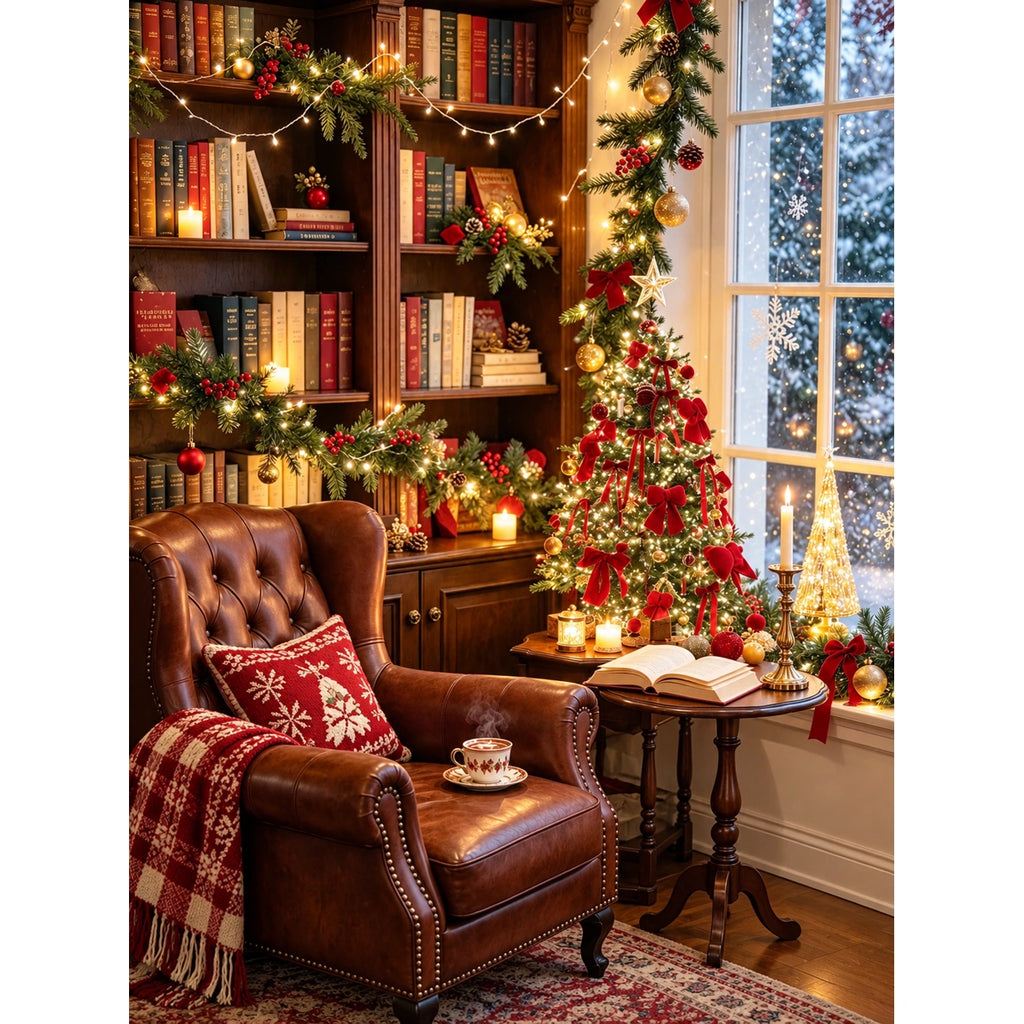 Christmas Reading Nook with Leather Chair and Snowy Window paint by numbers artwork on a front-facing canvas against a white background