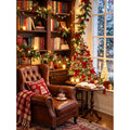 Christmas Reading Nook with Leather Chair and Snowy Window paint by numbers artwork on a front-facing canvas against a white background
