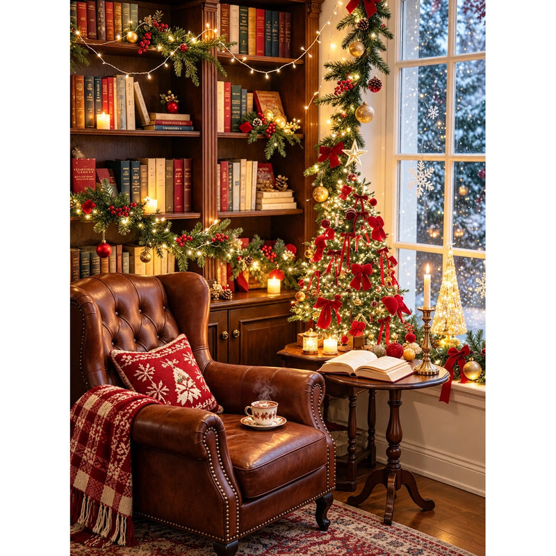 Christmas Reading Nook with Leather Chair and Snowy Window paint by numbers artwork on a front-facing canvas against a white background