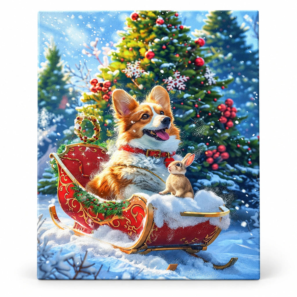 Christmas Sleigh Ride Together Corgi paint by numbers artwork on a front-facing canvas against a white background