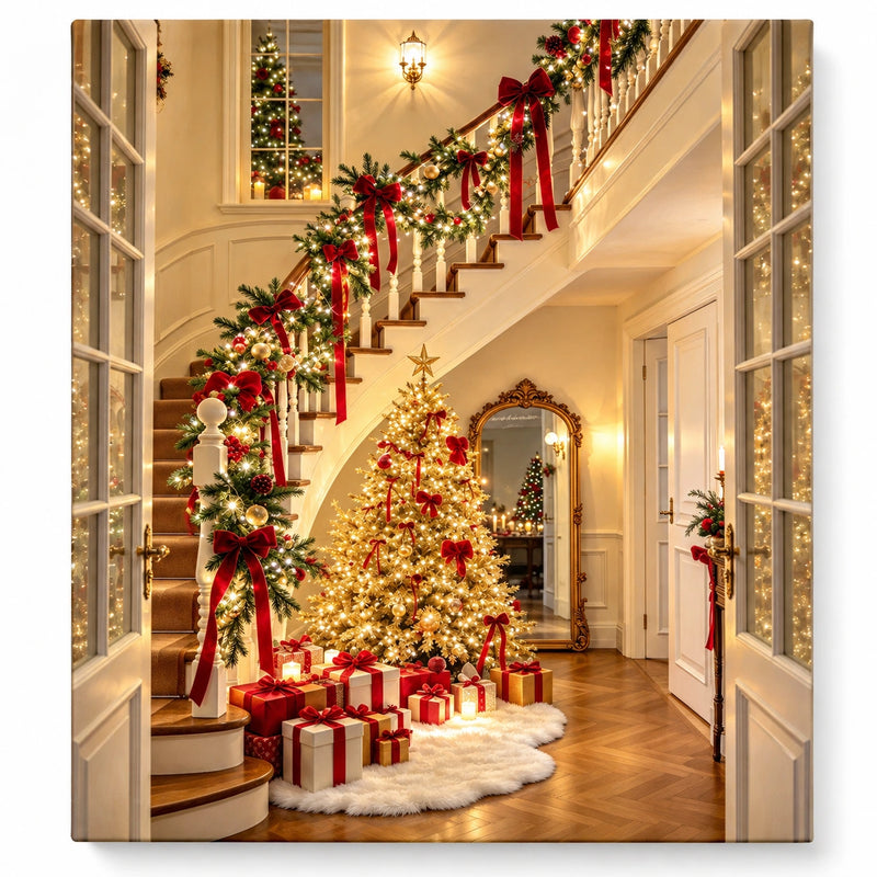 Christmas Staircase Hall with Garland and Red Bows paint by numbers artwork on a front-facing canvas against a white background