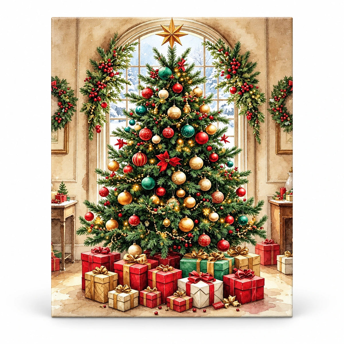 Christmas Tree by the Arched Window paint by numbers artwork on a front-facing canvas against a white background