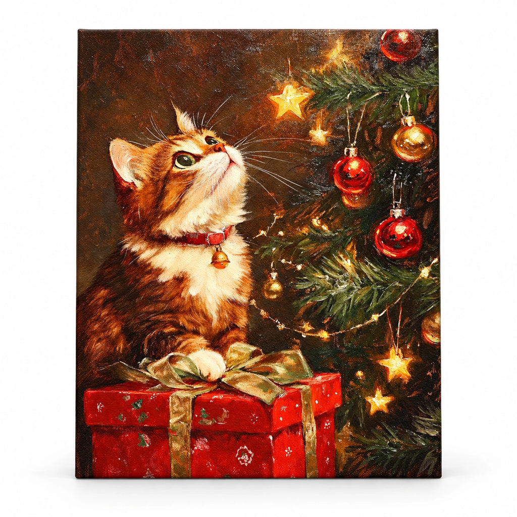 Christmas Tree Cat with Gifts paint by numbers artwork on a front-facing canvas against a white background