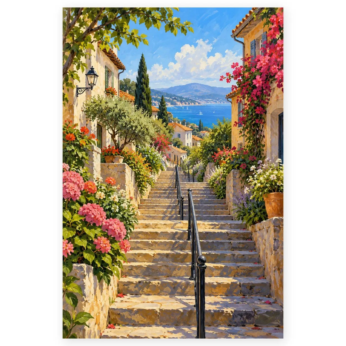 Full coastal village flower stairway paint by numbers artwork on a clean white background.