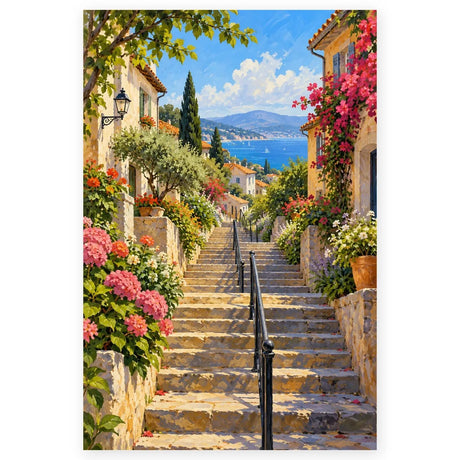 Full coastal village flower stairway paint by numbers artwork on a clean white background.