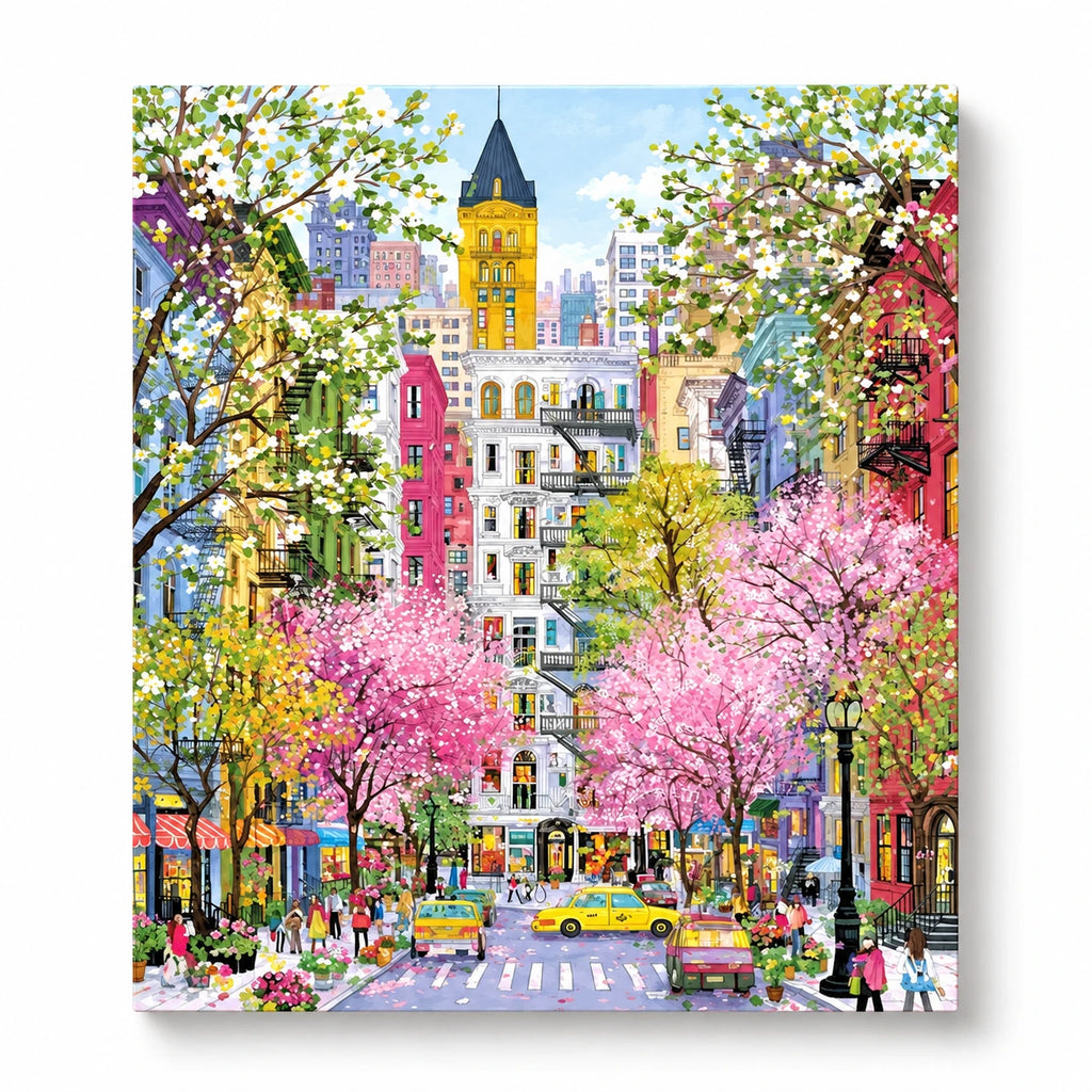 Colorful Blossom Lined City Street paint by numbers artwork on a front-facing canvas against a white background