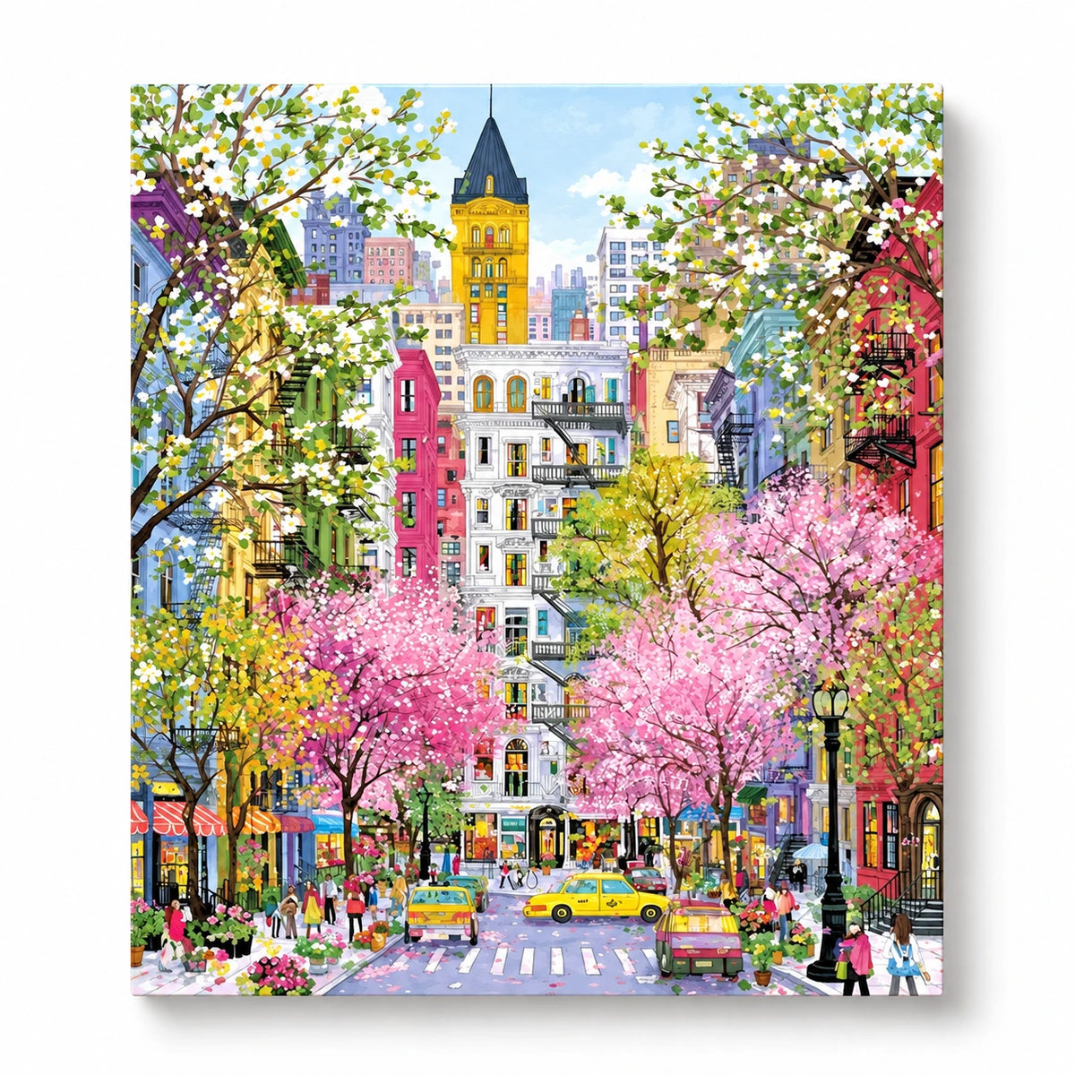 Colorful Blossom Lined City Street paint by numbers artwork on a front-facing canvas against a white background